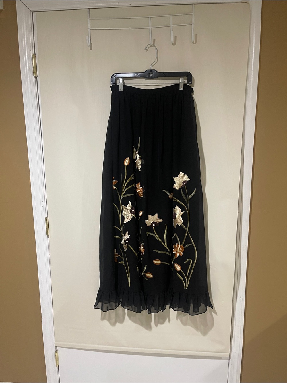 Anthropologie Black Maxi Skirt with Cream and Brown Floral Embroidery (as-is)